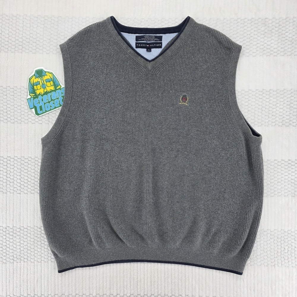 Vintage Tommy Hilfiger Sweater Vest Mens XL Gray V-Neck Cotton Knit Crest Logo